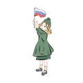 Girl dressed as soldier waving Russian flag.